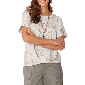 NWT Democracy Women’s XL Green White Cream Marble Print Twist Hem Relaxed Top